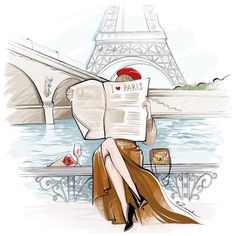 a woman reading a newspaper in front of the eiffel tower