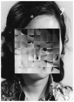 a black and white photo of a woman's face with squares over her eyes