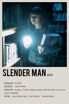 a woman holding a book in front of a bookshelf with the words slender man on it