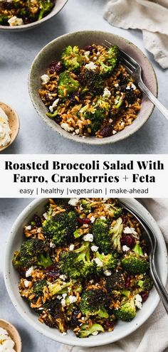 roasted broccoli salad with farro, cranberries and feta in a bowl