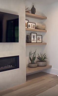 a living room with a fireplace and shelves filled with pictures, plants and framed photographs