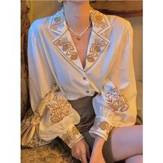 Portrait of a picture displaying Women’s Golden Embroidery Shirt product. Women Blouses Fashion, Elegant Embroidery, Floral Embroidered Top, Long Sleeve Floral Top, Elegant Blouses, Inspired Outfits, 가을 패션, Vintage Shirt, Vintage Shirts