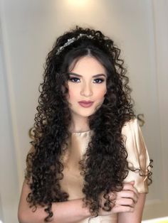 Quince Hair For Curly Hair, Quinceanera Hairstyles Natural Curls, Prom Hair Ideas For Curly Hair, Greek Goddess Hairstyles For Curly Hair, Curly Hairstyles With Crown Tiaras, Quincenera Hairstyles For Curly Hair, Quinceanera Hairstyles For Natural Curly Hair, Quince Hairstyles Curly Hair, Long Curly Hair Styles For Prom