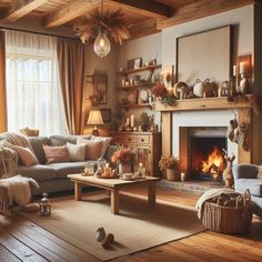 a living room filled with furniture and a fire place in the middle of a wooden floor