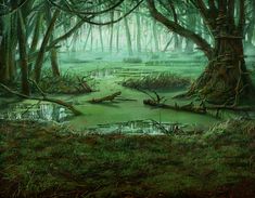 a painting of swampy area with trees and water