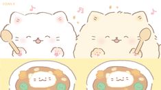 two cartoon cats eating food on plates with spoons