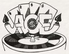 a black and white drawing of playing cards on a table with the word ace above it