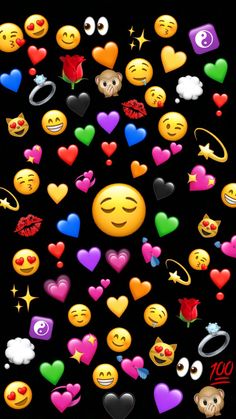 many different emoticions are arranged in the shape of hearts and smiley faces on a black background