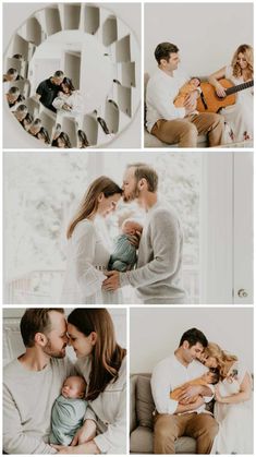 a couple and their baby are posing for pictures