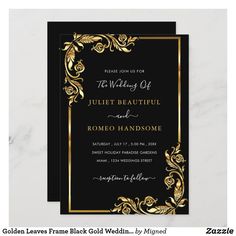 a black and gold wedding card with an ornate frame on the front that reads,