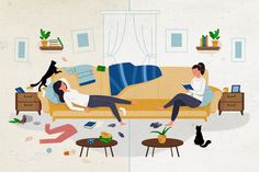 two people sitting on a couch in the middle of a room with cats and plants