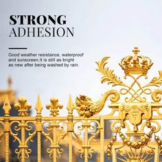 an ornate gold fence with the words strong adhesion on it