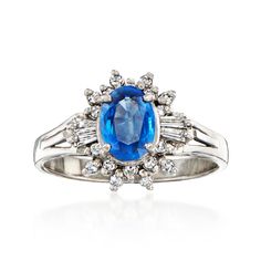 Ross-Simons - C. 1990 Vintage 1.01ct Sapphire, .22ct t. w. Diamond Ring Oval Cut Size 5.5. C. 1990. Glowing with ocean-blue sparkle, this stunning Estate collection treasure elegantly emulates the coveted Princess Diana engagement ring design. At the center, a vivid 1.01 carat oval sapphire shows off inside a dazzling wreath of .22 ct. t. w. round brilliant-cut and baguette diamonds. Finely crafted in polished platinum. 1/2" wide. Diamond and sapphire ring. Exclusive, one-of-a-kind Estate Jewelr Princess Diana Engagement, Princess Diana Engagement Ring, Diana Engagement Ring, Diamond Ring Oval, Diamond And Sapphire Ring, Sapphire Birthstone, Blue Sparkle, Vintage Sapphire, Baguette Diamonds