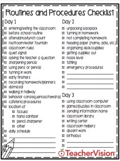 a printable checklist for teachers to use on their classroom's day - by - day routine