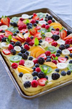 a pan filled with fresh fruit on top of a table