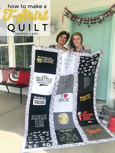 two women standing next to each other with a quilt on the front porch, and one woman holding up a large quilt that says how to make a fresher quilt