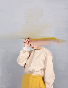 a painting of a woman in white shirt and yellow skirt holding her hair up to her face