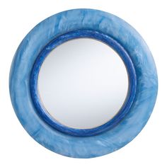 a blue circular mirror on a white background