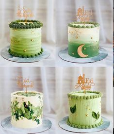 four cakes decorated with green frosting and gold decorations, each one has a name on it