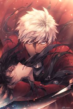 two anime characters hugging each other in front of a red background with stars and sparkles