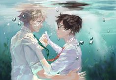 two people are kissing in the water with bubbles around them and one is wearing a white shirt