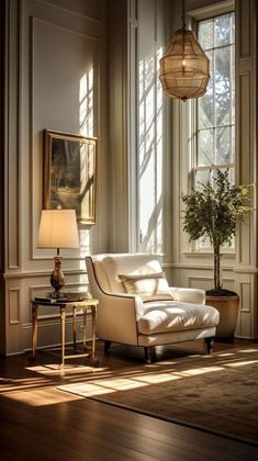 a living room filled with furniture and a lamp