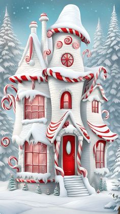 a christmas house with candy canes on the front and snow covered trees in the background