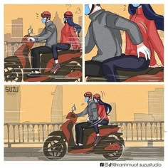 two people riding on the back of a red scooter