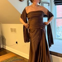 I Wore This Dress To A Formal Wedding. The Fabric Is Fabulous And Silky. The Shawl Was Great When It Got Cool. It's Flowy And Flattering. The Bow Has Been Removed To Update It. It's A Size 12 But Fits More Like A Size 10. Formal Satin Dress, Dresses Brown, Jessica Mcclintock Dress, Jessica Mcclintock, Satin Dress, Formal Wedding, Satin Dresses, Shawl, Colorful Dresses