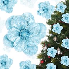 a christmas tree with blue flowers on it