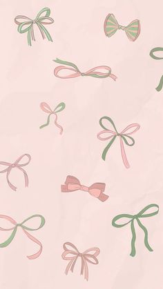 a pink background with green and pink bows on the left side, one bow in the middle