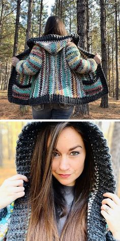 two pictures with the same woman wearing a sweater and hoodie, one in different colors