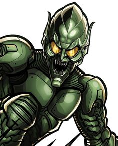 a cartoon character with yellow eyes and green armor