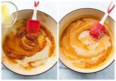 two pictures showing how to make an orange sauce in a pot with a red spatula