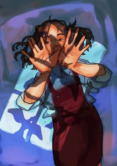 a drawing of a woman covering her face with her hands while standing in front of a blue background