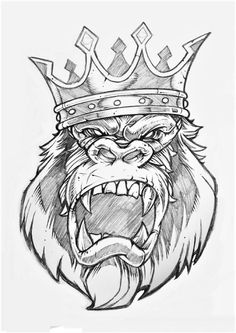 a drawing of a lion wearing a crown with its mouth open and it's teeth wide