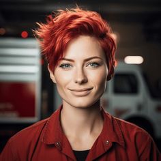 Woman with Firetruck Red Short Hair haircut Red Pixie, Medium Skin Tone