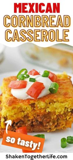 mexican cornbread casserole on a plate with text overlay