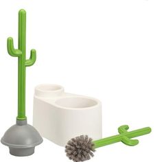 a toilet brush and holder are shown in this image, with the same item as it appears to have been placed next to each other