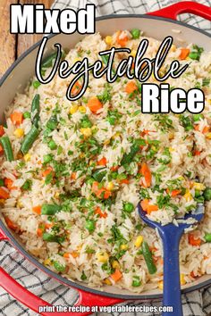 mixed vegetable rice in a red pan with a blue spoon on the side and text overlay