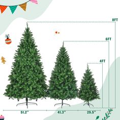 three christmas trees are shown with measurements for each tree