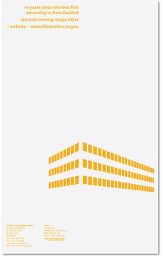 an orange and white poster with some type of building in the middle, on a white background