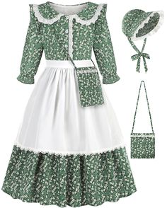 a green and white dress with matching bonnet, hat and purse is shown in the image