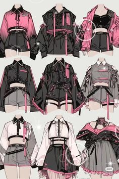 several different types of clothes on mannequins with pink and black trimmings