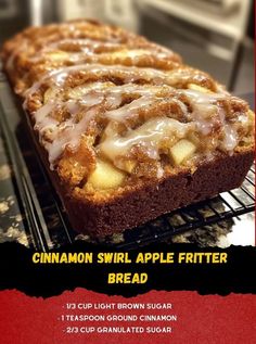 cinnamon swirl apple fritter bread on a rack