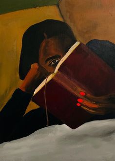 a painting of a man reading a book with his hand on his face and looking at the viewer