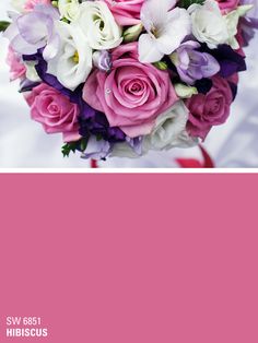 a bridal bouquet with purple and white flowers on it, against a pink background