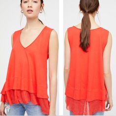 Nwt Free People Coral Peachy Tee Tank Top Oversized Sleeveless Tee Featuring A Lightweight Feel And Relaxed Fit With A Tiered Hem For A Layered Look.. V-Neckline Unfinished, Raw Hem We The Free 100% Cotton Trim: 70% Rayon, 30% Linen Color Is Coral (Orange) Approx. 23" Shortest Length, 30.5" Longest Length (Size S) Size Small Chic Sleeveless Orange Top, Chic Orange Sleeveless Top, Summer Tank Top For Layering, Summer Layering Tank Top, Orange Vest Top For Spring, Chic Orange Tank Top For Summer, Summer Tank Top For Layering In Spring, Casual V-neck Tank Top For Layering, Orange V-neck Tank Top For Summer