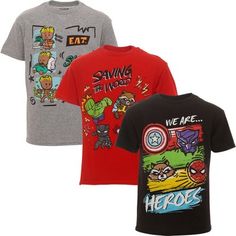 three children's t - shirts with cartoon characters on them, all in different colors