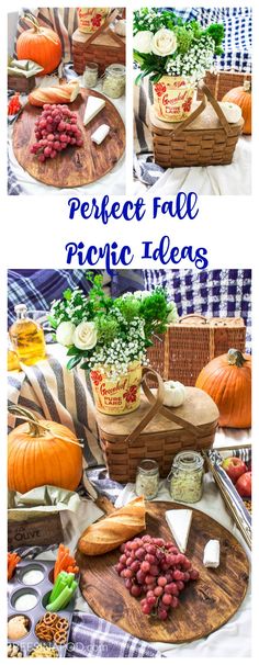 a collage of photos showing different types of food on plates and in baskets, with text overlay that reads perfect fall picnic ideas